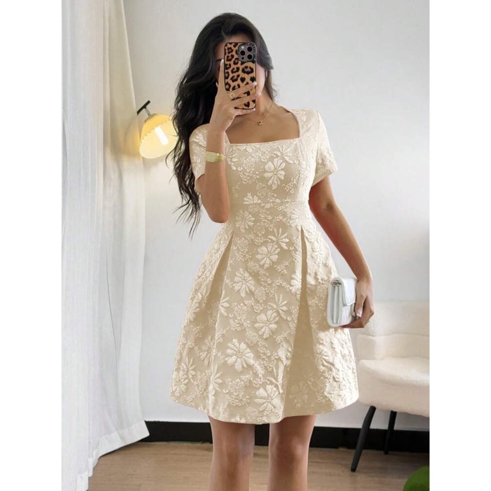 (CL) Shein Floral Jacquard Square Neck Mini Dress Cream XL 12